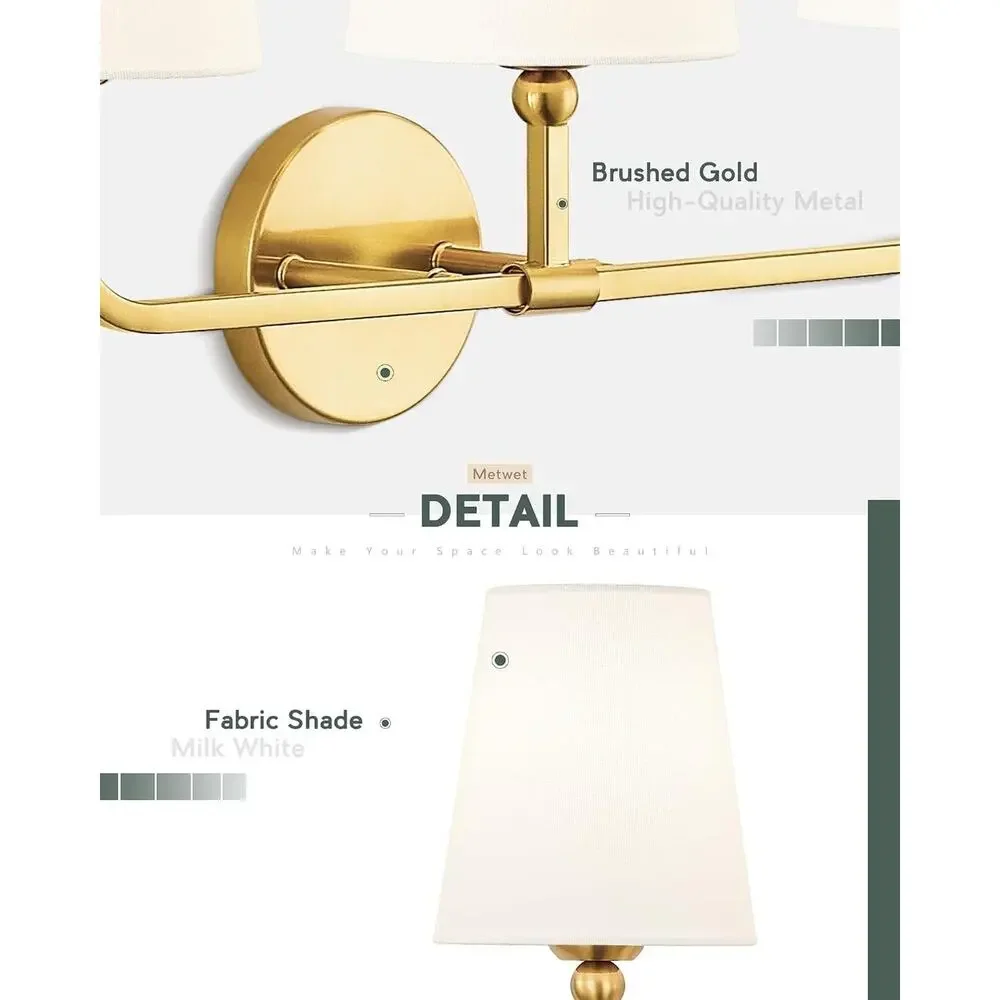 Brushed Gold 2-Light Bathroom Vanity Sconce with Beige Fabric Shade